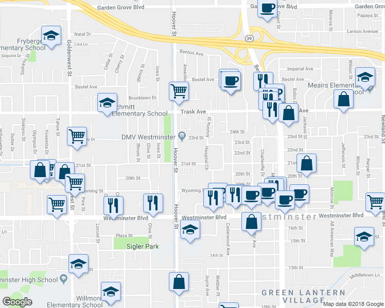map of restaurants, bars, coffee shops, grocery stores, and more near 7575 21st Street in Westminster