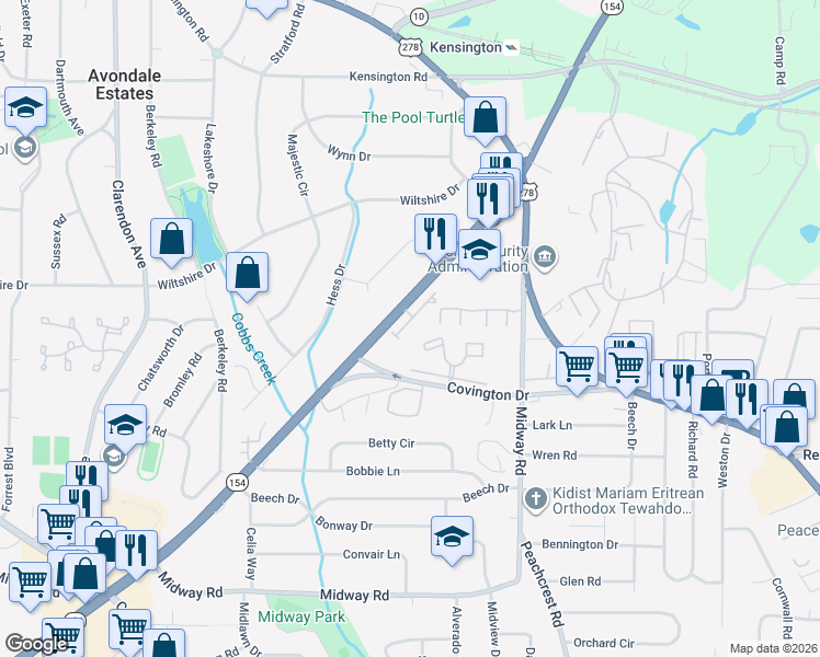 map of restaurants, bars, coffee shops, grocery stores, and more near 1101 North Village Drive in Decatur