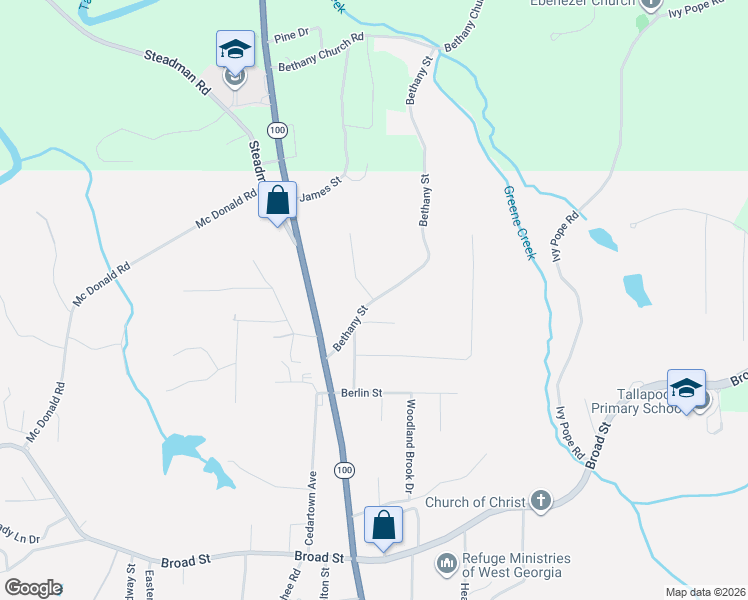 map of restaurants, bars, coffee shops, grocery stores, and more near 7 North Ridge Drive in Tallapoosa