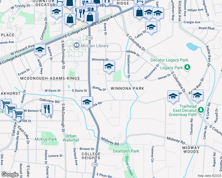 map of restaurants, bars, coffee shops, grocery stores, and more near 708 Avery Street in Decatur