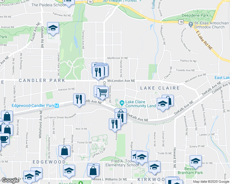 map of restaurants, bars, coffee shops, grocery stores, and more near 1709 Adolphus Street Northeast in Atlanta