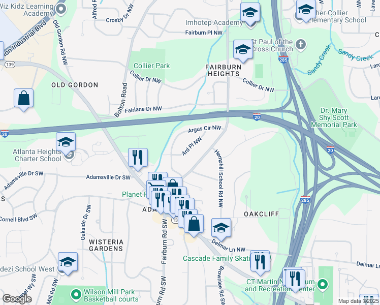 map of restaurants, bars, coffee shops, grocery stores, and more near 299 Ard Place Northwest in Atlanta