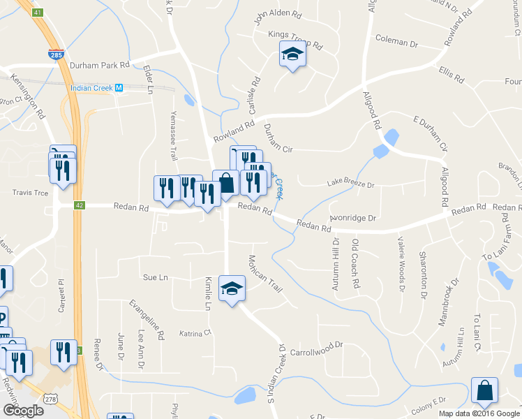 map of restaurants, bars, coffee shops, grocery stores, and more near 4163 Redan Road in Stone Mountain