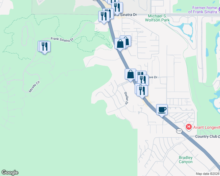 map of restaurants, bars, coffee shops, grocery stores, and more near 27 Alta Vista in Rancho Mirage