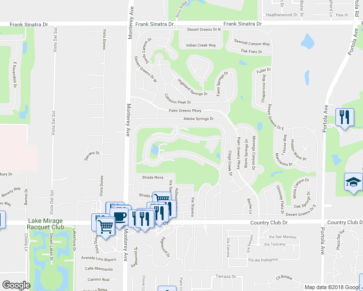 map of restaurants, bars, coffee shops, grocery stores, and more near 73450 Country Club Drive in Palm Desert