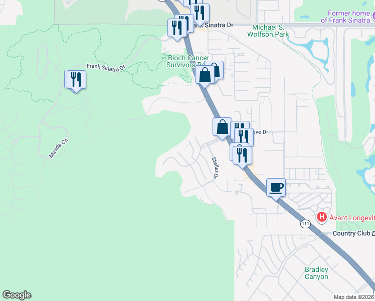 map of restaurants, bars, coffee shops, grocery stores, and more near 28 Alta Vista in Rancho Mirage