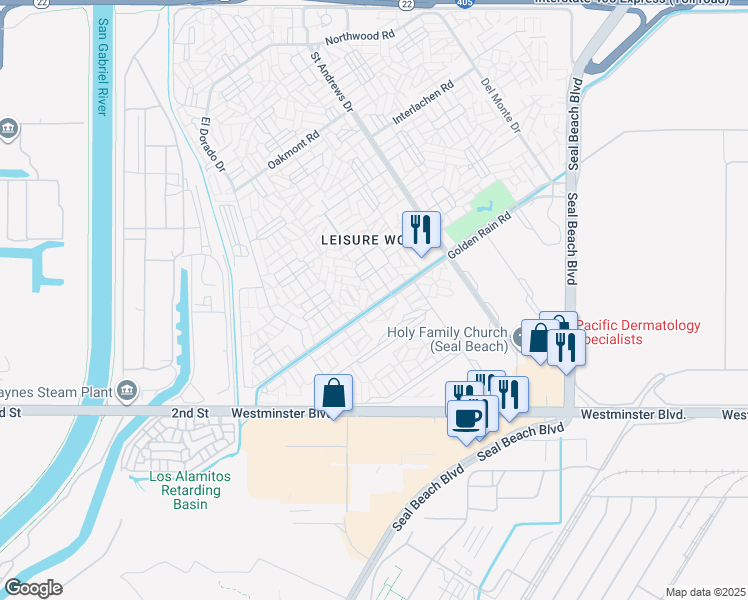 map of restaurants, bars, coffee shops, grocery stores, and more near 1491 Golden Rain Road in Seal Beach