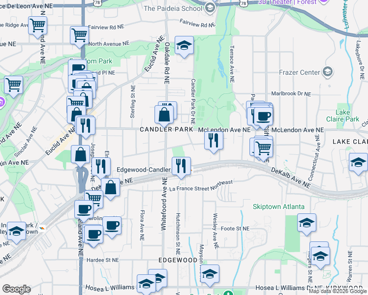 map of restaurants, bars, coffee shops, grocery stores, and more near 1447 Iverson Street Northeast in Atlanta