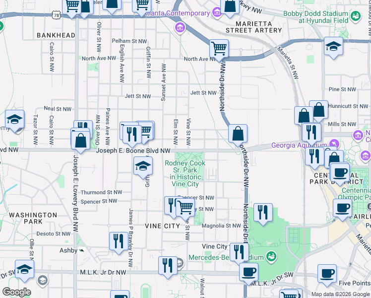 map of restaurants, bars, coffee shops, grocery stores, and more near 623 Joseph E. Boone Boulevard Northwest in Atlanta