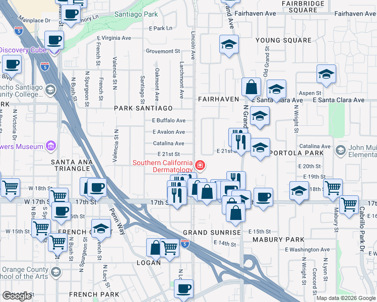 map of restaurants, bars, coffee shops, grocery stores, and more near 1013 East 21st Street in Santa Ana
