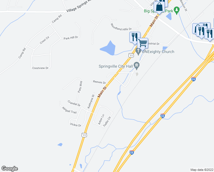 map of restaurants, bars, coffee shops, grocery stores, and more near 5398 Main Street in Springville