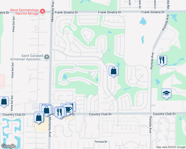 map of restaurants, bars, coffee shops, grocery stores, and more near 73450 Country Club Drive in Palm Desert