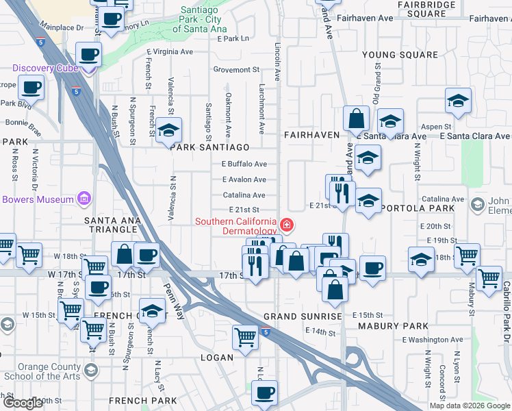 map of restaurants, bars, coffee shops, grocery stores, and more near 901 East 21st Street in Santa Ana
