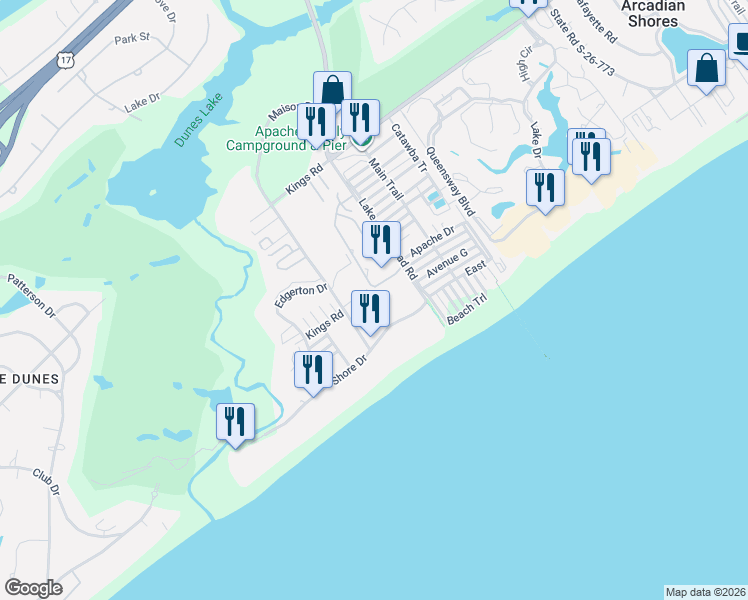 map of restaurants, bars, coffee shops, grocery stores, and more near 202 Maison Drive in Myrtle Beach