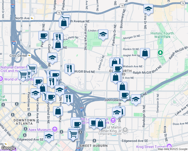 map of restaurants, bars, coffee shops, grocery stores, and more near 301 McGill Park Avenue Northeast in Atlanta