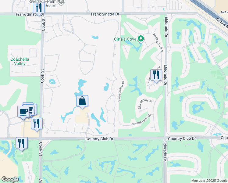 map of restaurants, bars, coffee shops, grocery stores, and more near 218 Desert Falls Drive East in Palm Desert