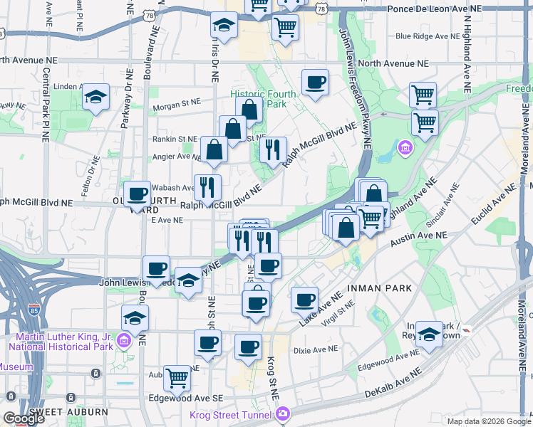 map of restaurants, bars, coffee shops, grocery stores, and more near 850 Ralph McGill Blvd NE in Atlanta