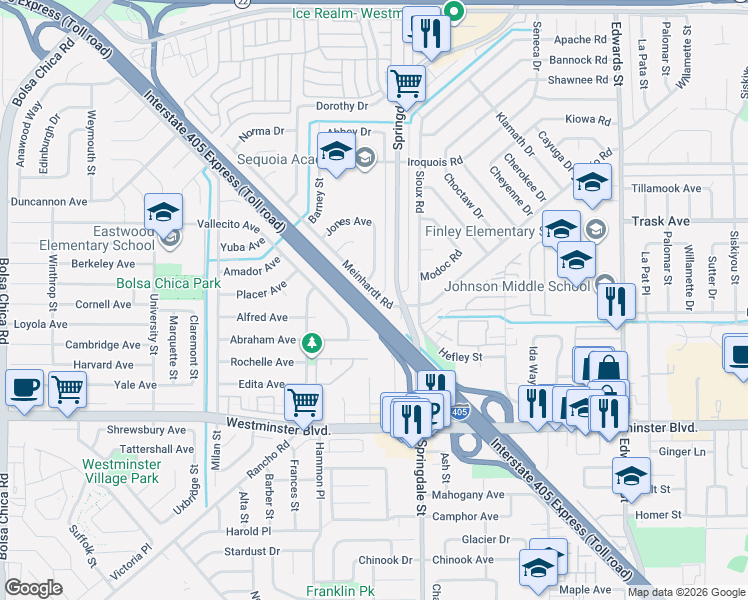 map of restaurants, bars, coffee shops, grocery stores, and more near 5921 Meinhardt Road in Westminster
