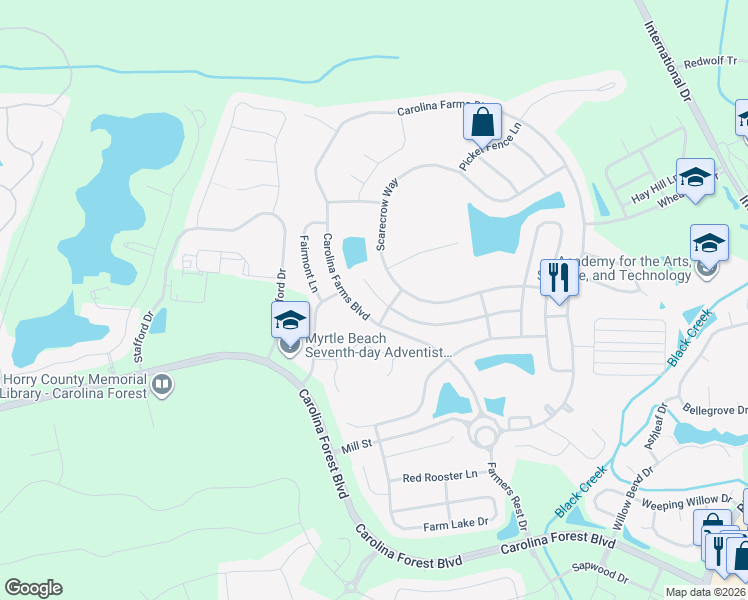 map of restaurants, bars, coffee shops, grocery stores, and more near 4615 Planters Row Way in Myrtle Beach