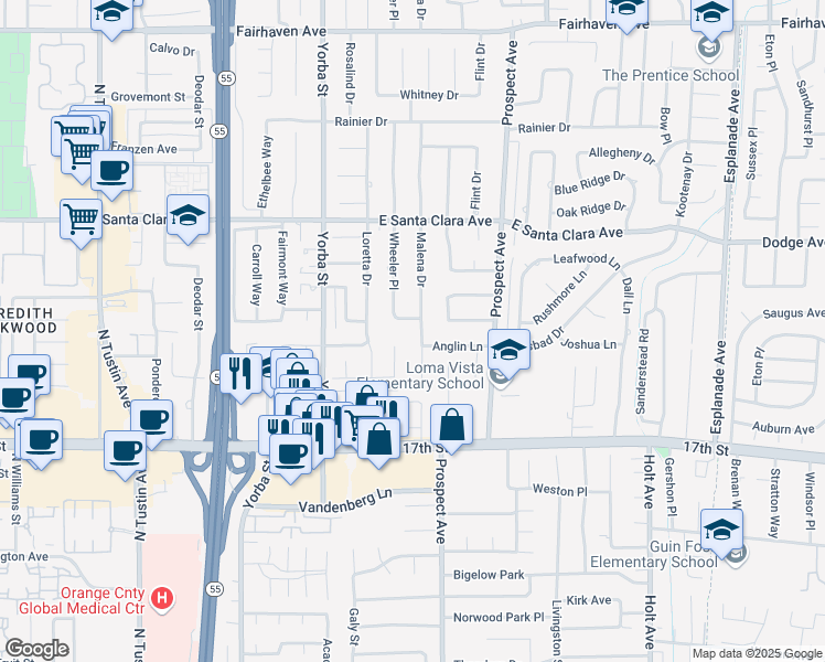 map of restaurants, bars, coffee shops, grocery stores, and more near 13731 Malena Drive in Tustin