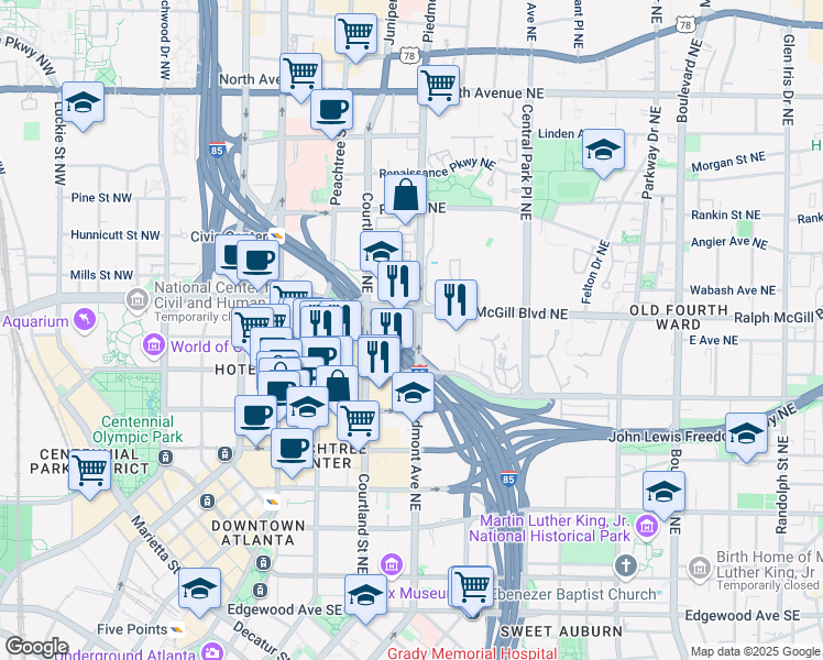 map of restaurants, bars, coffee shops, grocery stores, and more near 332 Piedmont Avenue Northeast in Atlanta