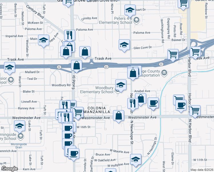 map of restaurants, bars, coffee shops, grocery stores, and more near 13721 Libby Lane in Garden Grove
