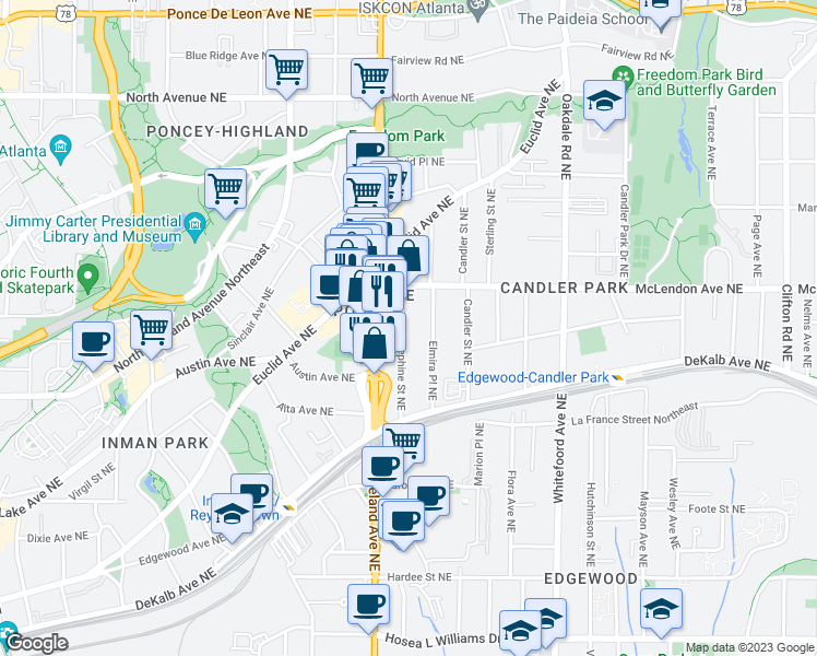map of restaurants, bars, coffee shops, grocery stores, and more near 335 Josephine Street Northeast in Atlanta