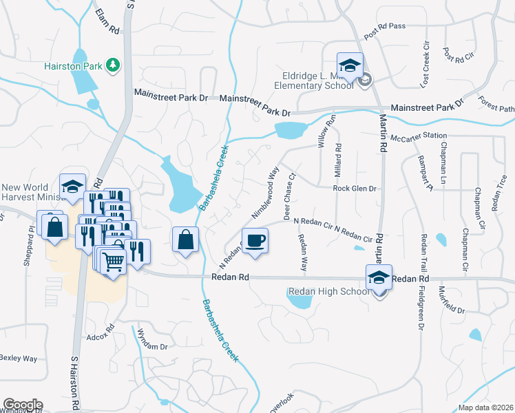 map of restaurants, bars, coffee shops, grocery stores, and more near 1064 Nimblewood Way in Stone Mountain