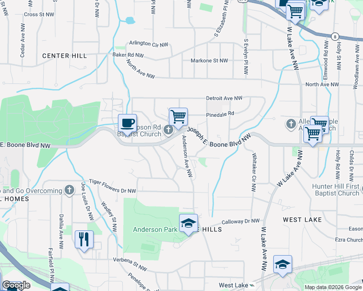 map of restaurants, bars, coffee shops, grocery stores, and more near 306 Anderson Avenue Northwest in Atlanta