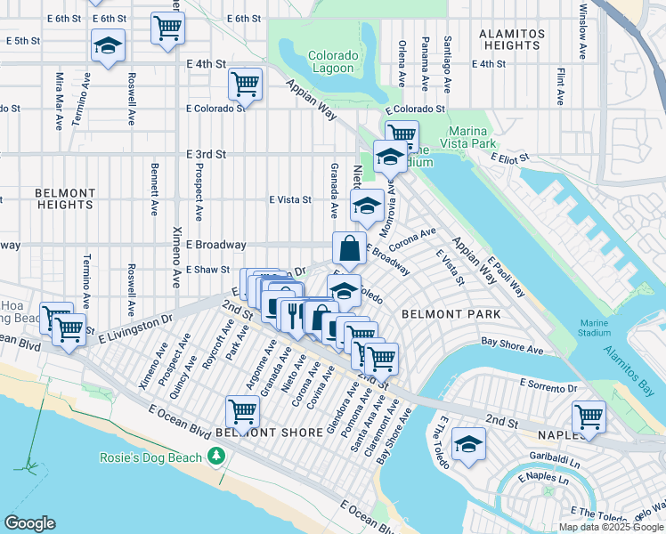 map of restaurants, bars, coffee shops, grocery stores, and more near 5101 East The Toledo in Long Beach