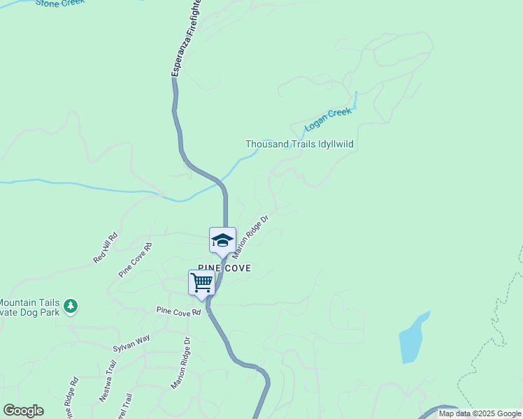map of restaurants, bars, coffee shops, grocery stores, and more near Schaffer Drive in Idyllwild-Pine Cove