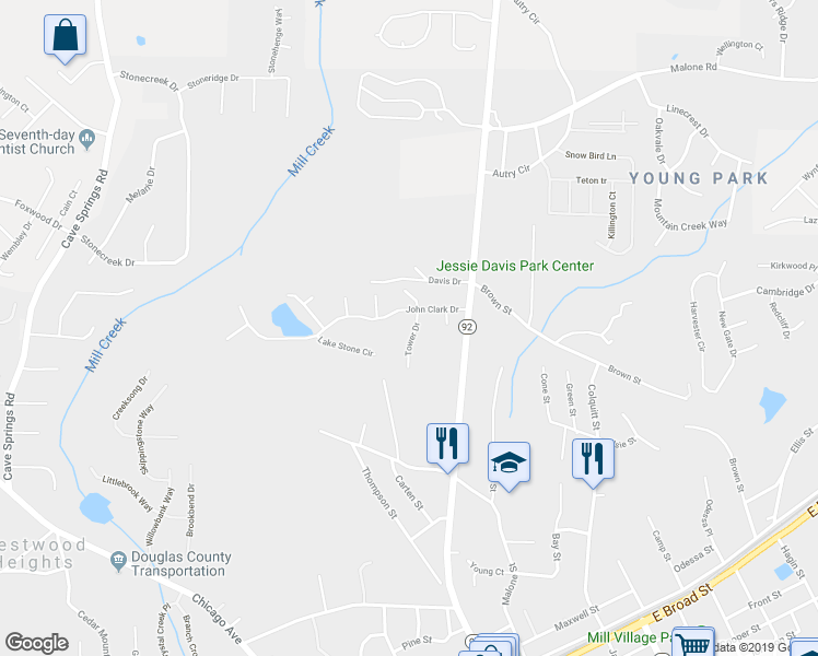 map of restaurants, bars, coffee shops, grocery stores, and more near 7915 Tower Drive in Douglasville