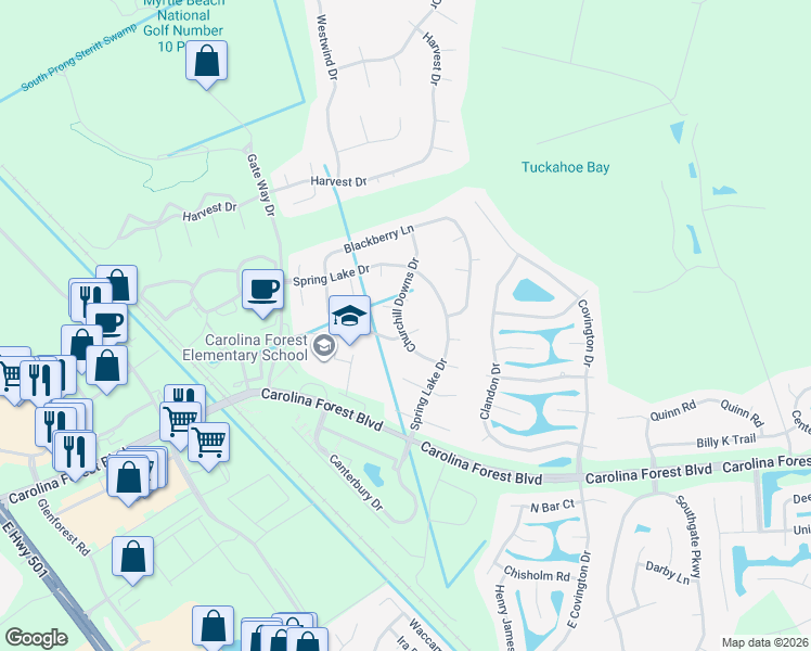 map of restaurants, bars, coffee shops, grocery stores, and more near 901 Belladonna Court in Conway