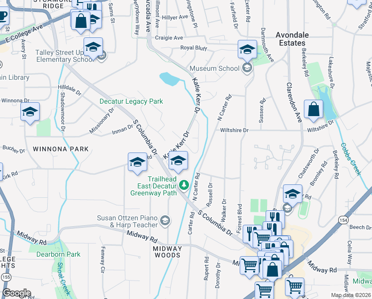 map of restaurants, bars, coffee shops, grocery stores, and more near 1104 Ashbury Drive in Decatur