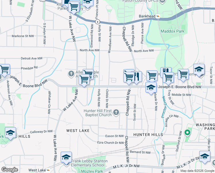 map of restaurants, bars, coffee shops, grocery stores, and more near 80 Joseph E. Boone Boulevard Northwest in Atlanta
