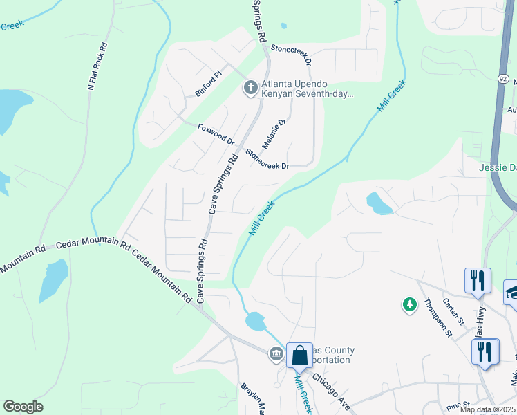 map of restaurants, bars, coffee shops, grocery stores, and more near 7191 Woodcreek Way in Douglasville