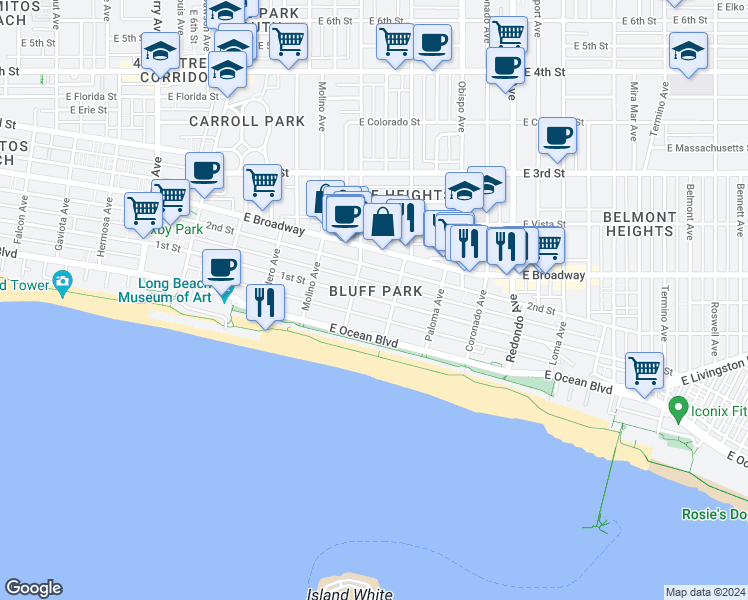 map of restaurants, bars, coffee shops, grocery stores, and more near 2836 East 1st Street in Long Beach