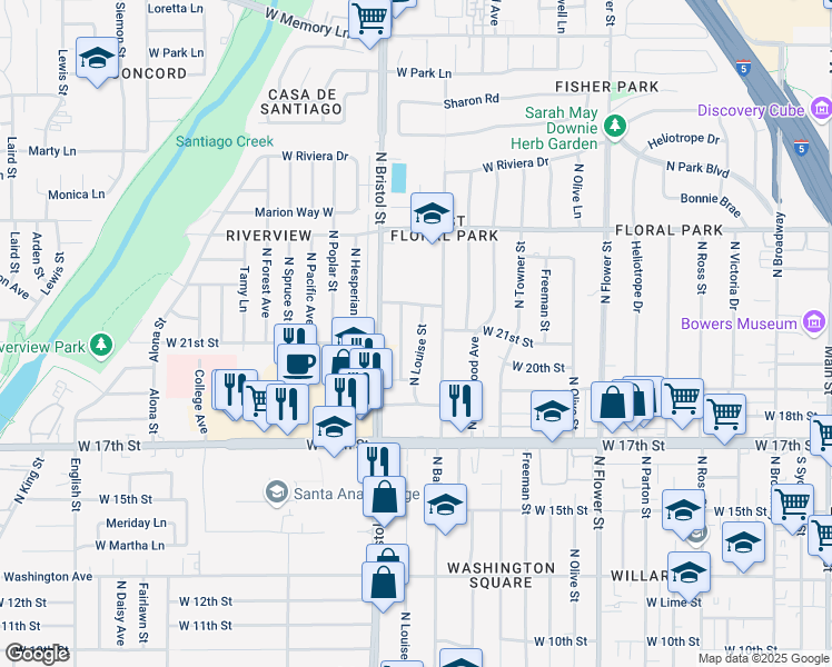 map of restaurants, bars, coffee shops, grocery stores, and more near 2106 North Louise Street in Santa Ana
