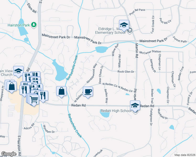 map of restaurants, bars, coffee shops, grocery stores, and more near 1052 Deer Chase Court in Stone Mountain