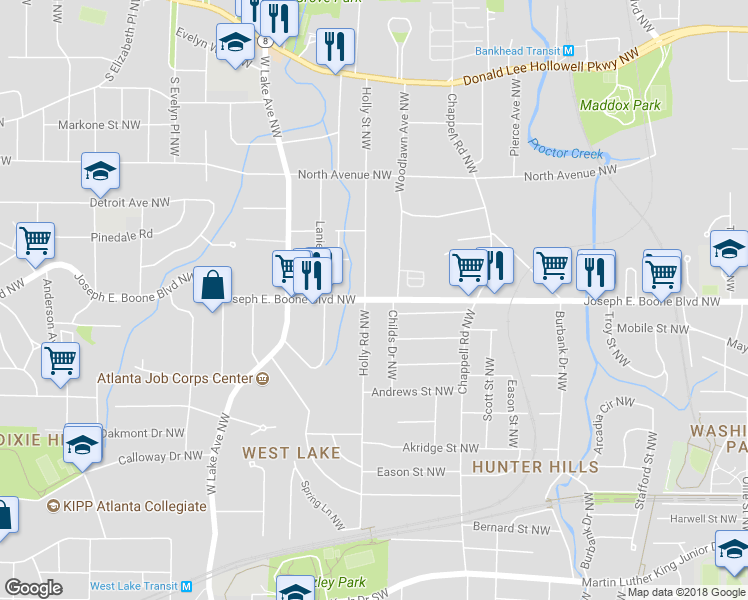 map of restaurants, bars, coffee shops, grocery stores, and more near 1506 Joseph E. Boone Boulevard Northwest in Atlanta