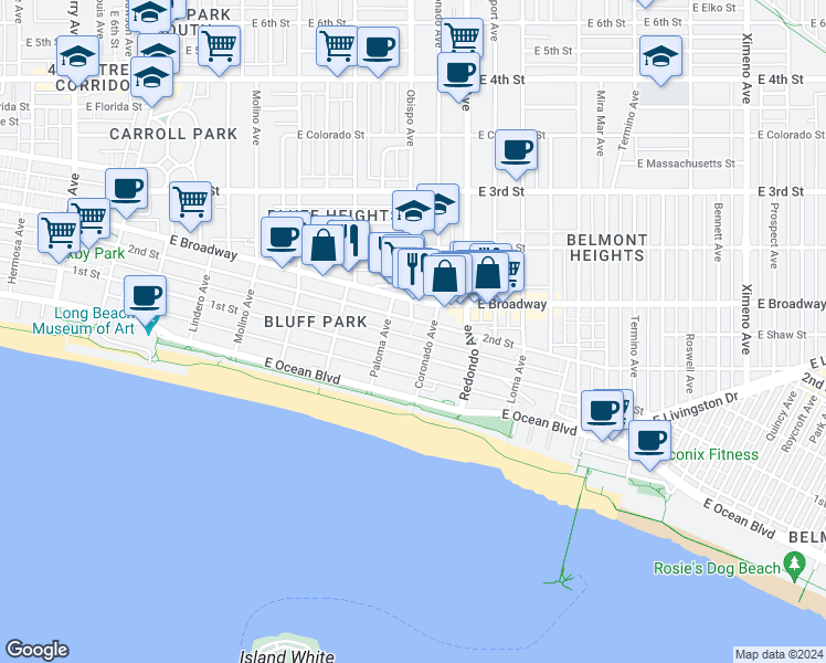 map of restaurants, bars, coffee shops, grocery stores, and more near 3204 2nd Street in Long Beach