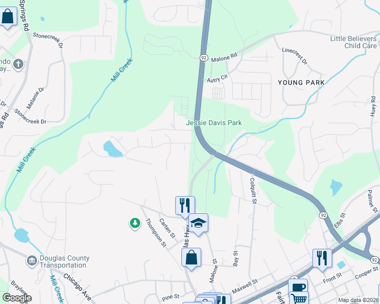 map of restaurants, bars, coffee shops, grocery stores, and more near 7910 Alpha Way in Douglasville