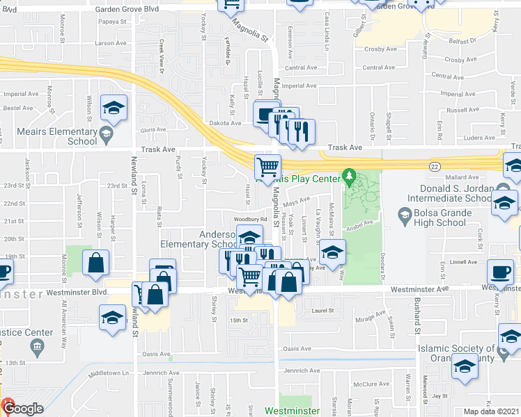 map of restaurants, bars, coffee shops, grocery stores, and more near 8923 Mays Avenue in Garden Grove