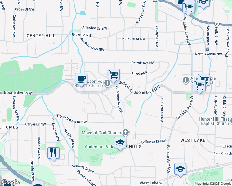 map of restaurants, bars, coffee shops, grocery stores, and more near 308 Anderson Avenue Northwest in Atlanta