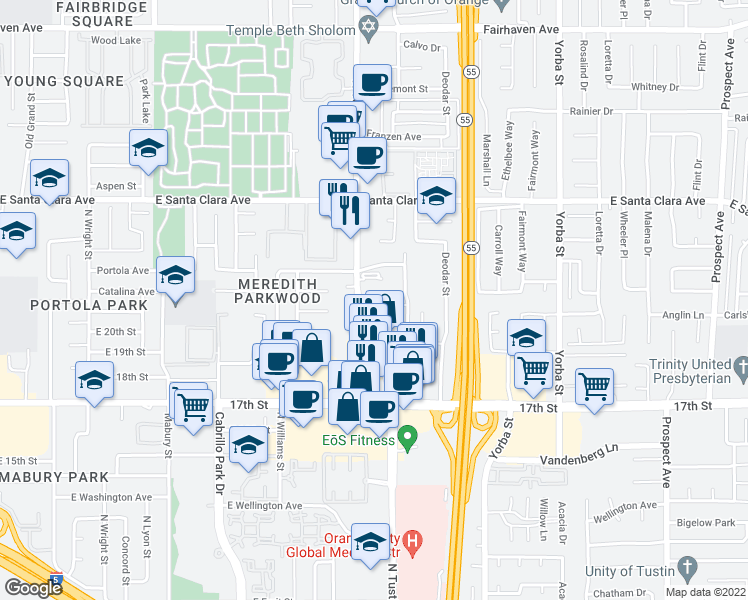 map of restaurants, bars, coffee shops, grocery stores, and more near 2005 North Tustin Avenue in Santa Ana