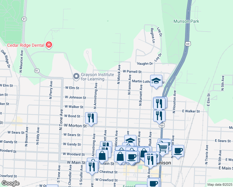 map of restaurants, bars, coffee shops, grocery stores, and more near 811 North Mirick Avenue in Denison
