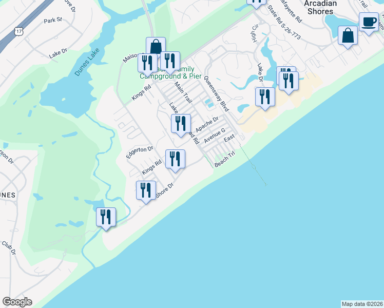 map of restaurants, bars, coffee shops, grocery stores, and more near 9661 Shore Drive in Myrtle Beach