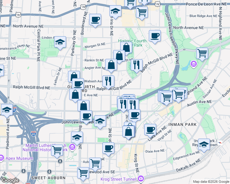 map of restaurants, bars, coffee shops, grocery stores, and more near 345 Glen Iris Drive Northeast in Atlanta
