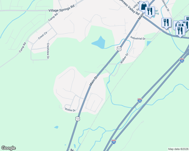 map of restaurants, bars, coffee shops, grocery stores, and more near 5398 Main Street in Springville