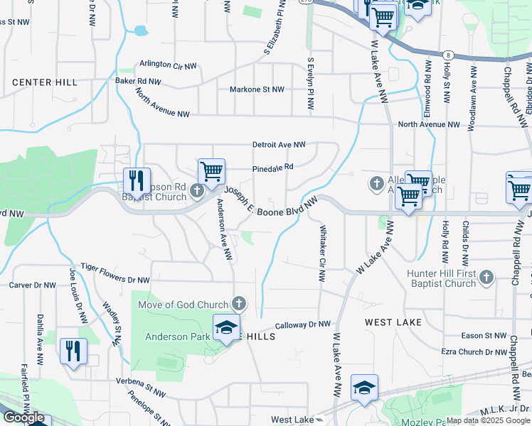 map of restaurants, bars, coffee shops, grocery stores, and more near 1876a Simpson Road Northwest in Atlanta